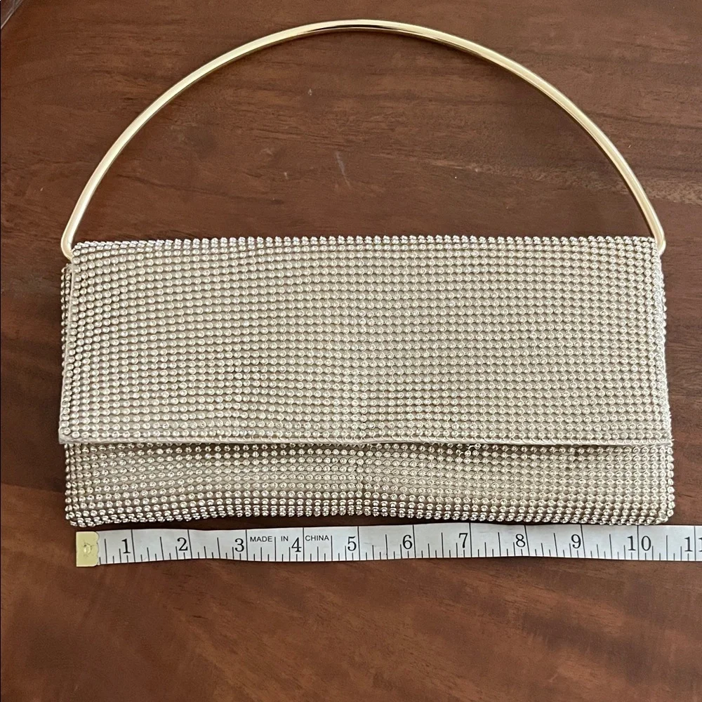 Crystal-Embellished Evening Clutch - Gold Chain Handle